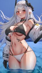 Rule 34 | 1girl, absurdres, arknights, bare shoulders, bikini, black choker, black gloves, blush, breasts, choker, detached sleeves, earrings, gloves, hair ornament, highres, horns, jacket, jewelry, klopsiak, large breasts, long hair, looking at viewer, mudrock (arknights), navel, open mouth, outdoors, pointy ears, red eyes, ribbon, shiny skin, signature, solo, swimsuit, thighs, water, white hair, white jacket, white ribbon