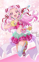 Rule 34 | 10s, 1girl, :d, bad id, bad pixiv id, bow, commentary, cone hair bun, cure yell, dated, earrings, flower, hair bun, hair flower, hair ornament, hair ribbon, heart, highres, hugtto! precure, jewelry, jumping, lipstick, long hair, looking at viewer, magical girl, makeup, navel, nii manabu, nono hana, open mouth, pink eyes, pink hair, pink skirt, pom pom (cheerleading), precure, ribbon, signature, skirt, smile, solo, wand