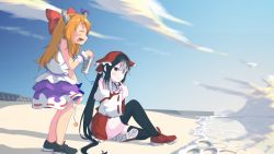 Rule 34 | 2girls, beach, black footwear, black hair, black legwear, blue sky, bow, chain, closed eyes, closed mouth, cloud, commentary request, cookie (touhou), day, detached sleeves, dress, dual persona, hakurei reimu, highres, horn bow, horn ornament, horns, ibuki suika, kurotsuki hiiragi, long hair, looking afar, looking at another, looking to the side, multiple girls, open mouth, orange hair, orb, outdoors, purple bow, purple skirt, pyramid (geometry), red bow, red dress, red footwear, shirt, shoes, sidelocks, sitting, skirt, sky, sleeveless, sleeveless shirt, smile, standing, thighhighs, touhou, twintails, very long hair, water, waves, white shirt, white sleeves, yuyusu (cookie)