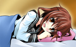 Rule 34 | 10s, 1girl, :d, afterglow, anchor symbol, blanket, blush, brown eyes, brown hair, dress, fang, hair between eyes, hair ornament, hairclip, ichimi, ikazuchi (kancolle), kantai collection, long sleeves, looking at viewer, lying, neckerchief, on bed, on side, open mouth, pillow, sailor collar, sailor dress, school uniform, serafuku, short hair, smile, solo