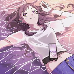 Rule 34 | 1girl, absurdres, beach, black tank top, brown hair, cellphone, earbuds, earphones, epitaph (1122), highres, idolmaster, idolmaster million live!, idolmaster million live! theater days, kitazawa shiho, long hair, looking at viewer, phone, shirt, shorts, smartphone, smile, solo, sunset, tank top, water, wet, wet clothes, white shirt, yellow eyes