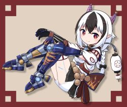 Rule 34 | 1girl, braid, braided ponytail, crossette (xenoblade), gloves, highres, horns, lantern, mechanical arms, mechanical parts, multicolored hair, paskmel, pointy ears, red eyes, short hair, single mechanical arm, smile, solo, xenoblade chronicles (series), xenoblade chronicles 2