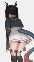 Rule 34 | 1girl, absurdres, arknights, arknights: endfield, ass, black hair, black panties, black shirt, black thighhighs, chen qianyu (arknights), crop top, dragon girl, dragon horns, dragon tail, feet out of frame, from behind, highres, horns, kneepits, long hair, long sleeves, midriff, panties, pita (pizza 594), shirt, simple background, skirt, solo, tail, thighhighs, twintails, underwear, upskirt, very long hair, white background, white skirt