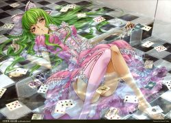 Rule 34 | 1girl, absurdres, alice in wonderland, barefoot, bracelet, c.c., card, censored, checkered floor, code geass, convenient censoring, dress, feet, floating card, floor, frills, green hair, highres, holding, holding card, jewelry, laces, lelouch vi britannia, long hair, lying, no panties, partially submerged, pink dress, pink thighhighs, playing card, single thighhigh, solo, tabata hisayuki, thighhighs, tiles, too many, too many cards, water, yellow eyes