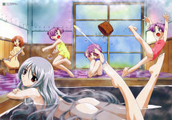 Rule 34 | 5girls, :d, absurdres, aqua eyes, ass, back, barefoot, bath, bathhouse, bathing, blush stickers, bubble, convenient censoring, crossed arms, dorsiflexion, feet, from side, green eyes, highres, koushi (lime-iro senkitan), kuki-sama, legs up, lime-iro senkitan, long hair, looking at viewer, lying, multiple girls, naked towel, nude, official art, on stomach, open mouth, orange hair, oushi (lime-iro senkitan), partially submerged, plantar flexion, purple hair, red eyes, sanada momen, scan, silver hair, slipping, smile, soap, soap bubbles, soap censor, soushi, the pose, toes, towel, washing back, wet, wet hair, yellow towel