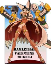 Rule 34 | 1girl, 2016, 9-me, arc system works, bad id, bad pixiv id, barefoot, belt bra, blush, breasts, character name, cleavage, cloak, creature, dark skin, dark-skinned female, dated, expressionless, full body, guilty gear, guilty gear xrd, hat, high collar, huge weapon, long legs, medium breasts, navel, orange eyes, ramlethal valentine, short shorts, shorts, solo, stomach, sword, thigh strap, toes, underboob, weapon, yellow eyes