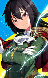 Rule 34 | 1girl, aiguillette, black hair, blush, buttons, cape, choker, cosplay, double-breasted, dress, epaulettes, gloves, green dress, grin, hair between eyes, highres, kantai collection, long hair, long sleeves, nagato (kancolle), red cape, red eyes, smile, solo, symboli rudolf (umamusume), symboli rudolf (umamusume) (cosplay), umamusume, white choker, white gloves, yasume yukito