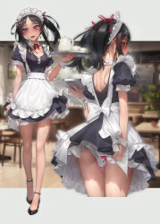 Rule 34 | 1girl, apron, ass, bdsm, black dress, black hair, blue eyes, blush, clenched teeth, cup, dildo under clothes, dildo under panties, dress, egg vibrator, embarrassed, frilled apron, frilled dress, frills, full-face blush, hair ribbon, highres, holding, holding tray, long hair, maid, maid apron, maid headdress, multiple views, murakami suigun, object insertion, open mouth, original, panties, public indecency, puffy short sleeves, puffy sleeves, pussy juice, ribbon, sex toy, short sleeves, skirt, skirt tug, smile, standing, sweat, teacup, teapot, teeth, tray, twintails, underwear, vaginal, vaginal object insertion, vibrator, vibrator bulge, vibrator cord, vibrator under clothes, vibrator under panties, waist apron, white apron, white panties, wrist cuffs