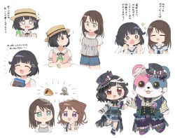 Rule 34 | 3girls, :d, arms up, bang dream!, bd ayknn, belt, black hair, blue eyes, blue neckwear, bone, bow, bowtie, brand name imitation, brown hair, buttons, chocolate cornet, clenched hands, commentary request, denim, denim shorts, double-breasted, dress, fangs, food, frills, grey shirt, hair flaps, hair ornament, hanasakigawa school uniform, hat, heart, highres, holding, holding hands, index finger raised, michelle (bang dream!), multiple girls, multiple views, neckerchief, o o, okusawa misaki, open mouth, pink shirt, purple eyes, red eyes, resident evil, school uniform, serafuku, shirt, short hair, short shorts, short sleeves, shorts, smile, sparkle, standing, star (symbol), star hair ornament, stitches, striped bow, striped bowtie, striped clothes, striped neckwear, sweatdrop, toyama kasumi, translation request, ushigome rimi, v-shaped eyebrows, vertical stripes, white background, white shirt, wrist cuffs, zombie