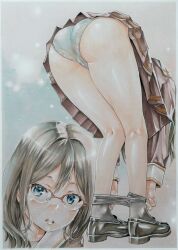 Rule 34 | 1girl, absurdres, ass, ass focus, bent over, black hair, black pantyhose, blue eyes, blue panties, brown serafuku, brown shirt, brown skirt, cameltoe, clothes pull, crotch seam, full body, glasses, green neckerchief, hibike! euphonium, highres, katsu (24791909), kitauji high school uniform, kneepits, lace, lace-trimmed panties, lace trim, legs, lips, loafers, long hair, long sleeves, looking at viewer, marker (medium), miniskirt, multiple views, neckerchief, over-rim eyewear, panties, pantyhose, pantyhose pull, pleated skirt, pulled by self, red-framed eyewear, school uniform, semi-rimless eyewear, serafuku, shirt, shoes, skirt, solo, standing, tanaka asuka, thick thighs, thighs, traditional media, underwear, undressing
