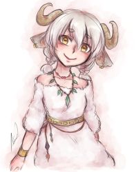 Rule 34 | 1girl, animal ears, aosora (mizore), armlet, bare shoulders, braid, dress, horns, jewelry, looking at viewer, necklace, original, smile, solo, twin braids, white dress, white hair, yellow eyes