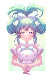 Rule 34 | 1girl, absurdres, blue eyes, blue hair, blush, border, bow, cinnamiku, cinnamoroll, commentary, green background, hair bow, half-closed eyes, hatsune miku, highres, holding, holding stuffed toy, interlocked fingers, long hair, looking at viewer, loveedreams, outside border, sanrio, shirt, smile, solo, straight-on, stuffed toy, twintails, updo, vocaloid, white border, white bow, white shirt