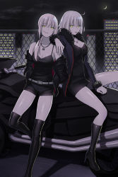 Rule 34 | 2girls, ahoge, artoria pendragon (all), artoria pendragon (fate), black coat, black dress, black footwear, black jacket, black legwear, black shirt, black theme, blonde hair, boots, breasts, cigarette, cleavage, coat, dress, fate/grand order, fate/stay night, fate (series), fur-trimmed coat, fur trim, hair bun, highres, jacket, jeanne d&#039;arc (fate), jeanne d&#039;arc (ruler) (fate), jeanne d&#039;arc alter (fate), jeanne d&#039;arc alter (ver. shinjuku 1999) (fate), jewelry, knee boots, looking at viewer, medium breasts, moon, motor vehicle, motorcycle, mouth hold, multiple girls, necklace, night, nipi27, off shoulder, official alternate costume, ponytail, saber (fate), saber alter, saber alter (ver. shinjuku 1999) (fate), shirt, short dress, short hair, shorts, single hair bun, small breasts, yellow eyes
