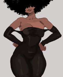 Rule 34 | 1girl, absurdres, afro, bare shoulders, black dress, breasts, cleavage, cowboy shot, dark-skinned female, dark skin, dress, hair over eyes, hands on own hips, highres, long sleeves, medium breasts, off-shoulder dress, off shoulder, original, skin tight, smile, solo, thick thighs, thighs, viv (whoopsatro), whoopsatro