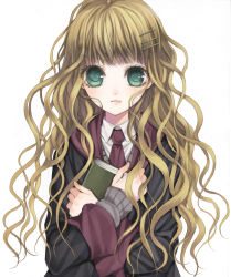 Rule 34 | 1girl, alternate eye color, animification, bad id, bad pixiv id, book, brown hair, green eyes, hair ornament, hairpin, harry potter (series), hermione granger, highres, long hair, necktie, solo, tsukino omame, wizarding world