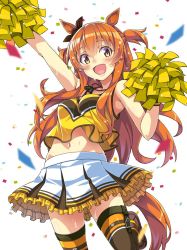 Rule 34 | 1girl, alternate costume, animal ears, arm up, bow, brown eyes, brown thighhighs, cheering, cheerleader, confetti, crop top, crop top overhang, dog tags, ear bow, holding, holding pom poms, horse ears, horse girl, horse tail, long hair, looking at viewer, macaroni hourensou, mayano top gun (umamusume), midriff, miniskirt, navel, open mouth, orange hair, pleated skirt, pom pom (cheerleading), pom poms, shirt, skirt, sleeveless, sleeveless shirt, smile, solo, sweat, tail, thighhighs, two side up, umamusume, white background, white skirt, yellow shirt