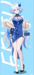 Rule 34 | 1girl, absurdres, ahoge, alternate costume, bag, bare legs, black footwear, blue background, blue dress, blue eyes, blue hair, breasts, cleavage, cleavage cutout, clothing cutout, commentary request, covered navel, dress, feifu, full body, furina (genshin impact), genshin impact, hair intakes, high heels, highres, holding, holding bag, long hair, looking at viewer, medium breasts, multicolored hair, parted lips, short sleeves, simple background, solo, standing, streaked hair, thigh strap, thighs, very long hair, white hair