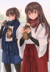 Rule 34 | 2girls, akagi (kancolle), alternate costume, black pantyhose, black undershirt, blue hakama, blue scarf, brown hair, building, can, canned coffee, cityscape, day, drink can, food, hair between eyes, hakama, highres, holding, holding food, japanese clothes, kaga (kancolle), kantai collection, long hair, long sleeves, multiple girls, outdoors, pantyhose, red eyes, red hakama, red scarf, ribbon-trimmed sleeves, ribbon trim, rin (rin niji), roasted sweet potato, scarf, side ponytail, sweet potato, twitter username, undershirt, wide sleeves
