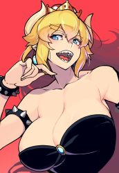 Rule 34 | 1girl, :d, armlet, bare shoulders, black dress, blonde hair, blue eyes, blush, bowsette, bracelet, breasts, brooch, cleavage, collarbone, commentary request, cropped torso, crown, dress, earrings, hair between eyes, hand up, highres, horns, jewelry, large breasts, long hair, looking at viewer, mario (series), mini crown, new super mario bros. u deluxe, nintendo, open mouth, pointy ears, red background, sharp teeth, sidelocks, simple background, smile, solo, spiked armlet, spiked bracelet, spikes, strapless, strapless dress, super crown, taketora suzume, teeth, thick eyebrows, upper body