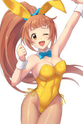Rule 34 | 1girl, absurdres, animal ears, arukiru, blue bow, blue bowtie, bow, bowtie, breasts, brown eyes, brown hair, brown pantyhose, cleavage, detached collar, fake animal ears, highres, idolmaster, idolmaster cinderella girls, leotard, long hair, looking at viewer, medium breasts, one eye closed, pantyhose, playboy bunny, ponytail, rabbit ears, simple background, smile, solo, strapless, strapless leotard, wakabayashi tomoka, white background, wrist cuffs, yellow leotard