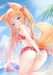 Rule 34 | 1girl, animal ear fluff, animal ears, ass, bad id, bad pixiv id, bikini, blue eyes, blue sky, blush, bow, cameltoe, cloud, cloudy sky, covering privates, covering ass, cowboy shot, day, eyes visible through hair, fox ears, fox girl, fox tail, frilled bikini, frills, hair between eyes, hair bow, hair ornament, hair over shoulder, hairclip, highres, kata rosu, long hair, looking at viewer, looking back, open mouth, orange hair, original, outdoors, palm tree, pink bikini, red bow, sky, solo, splashing, swimsuit, tail, tail raised, tree, twintails, very long hair, water