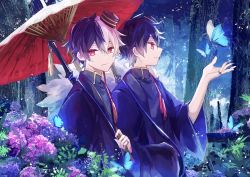 Rule 34 | 2boys, bad id, bad pixiv id, black hair, brothers, bug, butterfly, flower, hat, highres, hydrangea, insect, japanese clothes, looking at viewer, looking away, mini hat, multicolored hair, multiple boys, original, pale skin, rain, red eyes, siblings, smo614, top hat, tree, twins, umbrella, white hair