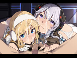 Rule 34 | 1boy, 2girls, after fellatio, ass, blonde hair, blue eyes, blush, censored, closed mouth, clothes lift, commentary request, cum, cum on hair, cum string, earmuffs, ejaculation, evelysse (star ocean), facial, flaccid, gloves, hairband, headphones, highres, long hair, looking at viewer, male pubic hair, mosaic censoring, multiple girls, nagioka, on bed, paid reward available, panties, penis, pink panties, pleated skirt, pov, pubic hair, purple eyes, silver hair, skirt, skirt lift, star ocean, star ocean anamnesis, thong, tika blunche, tongue, tongue out, underwear, white gloves, white hairband, white panties, white skirt