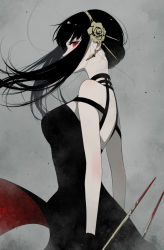 Rule 34 | 1girl, awarin, bare shoulders, black dress, black gloves, blood, bloody weapon, breasts, choker, colored skin, dagger, dress, dual wielding, earrings, flower, from side, gloves, grey background, hair flower, hair ornament, hair strand, hairband, holding, holding weapon, jewelry, knife, looking at viewer, off-shoulder dress, off shoulder, red eyes, simple background, solo, spy x family, stiletto (weapon), weapon, white skin, yor briar