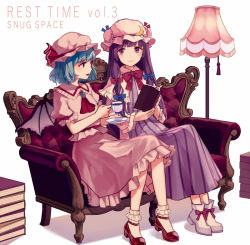 Rule 34 | 2girls, ankle boots, ankle socks, arms up, ascot, bat wings, blouse, blue hair, book, book stack, boots, brooch, commentary request, couch, cup, double bun, dress, english text, floor lamp, hair bun, hat, hat ribbon, holding, holding book, holding cup, holding saucer, jewelry, kashiwagi chisame, long hair, looking at another, looking at viewer, mob cap, multiple girls, neck ribbon, open book, open mouth, patchouli knowledge, pink shirt, pink skirt, puffy short sleeves, puffy sleeves, purple dress, purple eyes, purple hair, red eyes, red footwear, red ribbon, remilia scarlet, ribbon, robe, saucer, shirt, short hair, short sleeves, simple background, sitting, skirt, skirt set, socks, striped clothes, striped dress, teacup, touhou, very long hair, white background, white footwear, white legwear, wings