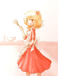 Rule 34 | 1girl, aki shizuha, apron, arinu, blonde hair, bowl, dress, hair ornament, leaf hair ornament, looking at viewer, open mouth, red dress, smile, solo, touhou, whisk, yellow eyes