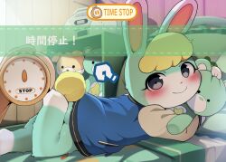 Rule 34 | 2boys, ?, animal crossing, animal ears, black eyes, blonde hair, blue jacket, blush, bottomless, closed mouth, dagashi (daga2626), english text, foot up, furry, furry male, green fur, highres, holding, holding stuffed toy, indoors, jacket, looking at viewer, lying, male focus, multiple boys, nintendo, on stomach, rabbit boy, rabbit ears, rabbit tail, sasha (animal crossing), smile, solo focus, stuffed toy, tail, time stop, translation request, villager (animal crossing)