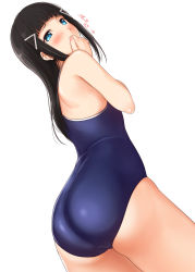 Rule 34 | 10s, 1girl, ass, black hair, blue eyes, blunt bangs, blush, competition school swimsuit, covering own mouth, female focus, from side, hair ornament, hairclip, highres, kurosawa dia, long hair, love live!, love live! sunshine!!, mole, mole under mouth, one-piece swimsuit, school swimsuit, serizawa (serizawaroom), sidelocks, solo, swimsuit, white background