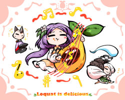 Rule 34 | 3girls, :3, animal ears, bald, beamed sixteenth notes, biwa lute, black dress, black hairband, border, cat ears, chibi, closed eyes, commentary request, dress, eating, eighth note, english text, extra ears, flower, food, food bite, fruit, full body, green dress, hair flower, hair ornament, hairband, holding, holding food, holding fruit, holding instrument, holding sack, imaizumi kagerou, instrument, kashuu (b-q), konpaku youmu, konpaku youmu (ghost), leaf, leaf hair ornament, long hair, long sleeves, loquat, lute (instrument), multicolored clothes, multicolored dress, multiple girls, music, musical note, orange dress, parted bangs, pink border, playing instrument, pun, purple dress, purple hair, quarter note, red dress, running, sack, sharp sign, simple background, sleeves past fingers, sleeves past wrists, tagme, touhou, tsukumo benben, white background, white hair