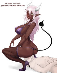 Rule 34 | 1boy, 1girl, absurdres, anilingus, ass, bikini, clothed female nude male, dark skin, demon girl, faceless, faceless male, fangs, femdom, fishnet legwear, fishnets, high heels, highres, horns, nofuture, nude, one eye closed, piercing, simple background, swimsuit, tagme, tail, tongue, tongue out, tongue piercing, white background, wink