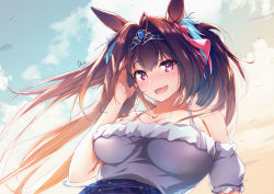 Rule 34 | 1girl, :d, animal ears, blue ribbon, blue skirt, bow, breasts, brown hair, cleavage, cloud, collarbone, commentary request, daiwa scarlet (umamusume), day, dermar, fang, frilled shirt, frills, hair blowing, hair bow, hair intakes, hand in own hair, high-waist skirt, highres, horse ears, horse girl, horse tail, large breasts, looking at viewer, medium breasts, open mouth, outdoors, pink eyes, pleated skirt, puffy short sleeves, puffy sleeves, ribbon, shirt, short sleeves, signature, skirt, sky, smile, solo, standing, tail, tiara, twintails, umamusume, white shirt, wrist ribbon