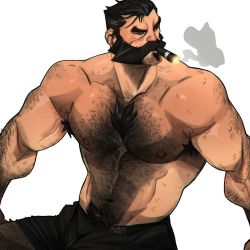 Rule 34 | 1boy, alternate costume, bara, black shorts, bread, chest hair, chris sdd, cigar, cowboy shot, food, graves (league of legends), grey background, highres, league of legends, looking to the side, male focus, male pubic hair, muscular, muscular male, navel, nipples, pubic hair, short hair, shorts, simple background, solo