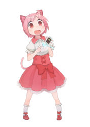 Rule 34 | 1girl, ahoge, animal ears, blush, bow, cat ears, cat tail, cellphone, electricity, full body, holding, holding phone, kneehighs, looking at viewer, nonohara yuzuko, okayparium, open mouth, phone, pink eyes, pink hair, red bow, short hair, smartphone, smile, socks, solo, tail, white socks, yuyushiki