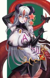Rule 34 | 1girl, ahoge, alipheese fateburn xvi, animal ears, bare shoulders, belt, black bow, black gloves, blush, bow, breasts, cleavage, colored skin, contrapposto, elbow gloves, flower, gloves, green background, grey skin, hair ornament, hand up, lamia, large breasts, long hair, looking at viewer, mon-musu quest!, monster girl, navel, orange eyes, parted lips, pelvic curtain, pink flower, pointy ears, rabbit ears, silver hair, simple background, solo, tail, tail bow, tail ornament, tattoo, terupancake, twitter username, very long hair