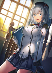 Rule 34 | 1girl, beret, black skirt, blue eyes, blush, breasts, epaulettes, gloves, hat, jacket, kantai collection, kashima (kancolle), large breasts, long hair, long sleeves, looking at viewer, military, military jacket, military uniform, miniskirt, neckerchief, open mouth, pleated skirt, red neckerchief, sidelocks, silver hair, skirt, smile, solo, tsurime, twintails, uniform, unowen, wavy hair, white gloves, white jacket, window