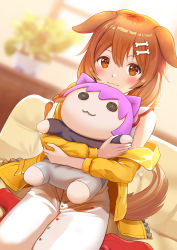 Rule 34 | 1girl, animal ears, bone hair ornament, braid, brown eyes, brown hair, collar, dog ears, dog girl, dog tail, extra ears, hair between eyes, hair down, hair ornament, hair over shoulder, hairclip, highres, hololive, hugging object, inugami korone, inugami korone (1st costume), jacket, long hair, looking at viewer, low twin braids, off shoulder, side braids, sidelocks, smile, solo, stuffed toy, tail, takahira (takahirac562), twin braids, virtual youtuber