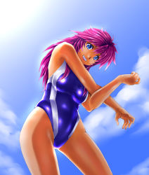 Rule 34 | 1girl, blue eyes, competition swimsuit, cowboy shot, from below, gao (naodayo), grin, highres, long hair, one-piece swimsuit, original, purple hair, smile, solo, stretching, swimsuit, tan