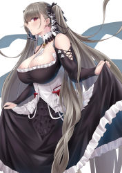 Rule 34 | 1girl, absurdly long hair, absurdres, azur lane, black nails, blush, breasts, cleavage, collar, commentary request, curtsey, dress, earrings, flight deck, formidable (azur lane), frilled dress, frills, from side, highres, holding clothes, holding dress, jewelry, large breasts, long hair, looking at viewer, nail polish, numaguro (tomokun0808), platinum blonde hair, red eyes, rigging, skirt hold, solo, twintails, very long hair, white background