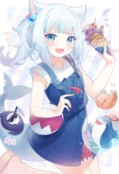 Rule 34 | 1girl, :d, absurdres, akiaki (aki70102), animal ears, bag, bloop (gawr gura), blue dress, blue eyes, blue hair, blush, bubba (watson amelia), cat ears, commentary, death-sensei (mori calliope), dress, fins, fish tail, food, gawr gura, gawr gura (casual), hair ornament, hand up, highres, holding, holding food, hololive, hololive english, ice cream cone, kotori (takanashi kiara), long hair, looking at viewer, multicolored hair, official alternate costume, open mouth, shark tail, sharp teeth, shoulder bag, side ponytail, sidelocks, silver hair, smile, solo, standing, standing on one leg, streaked hair, symbol-only commentary, tail, takodachi (ninomae ina&#039;nis), teeth, upper teeth only, virtual youtuber