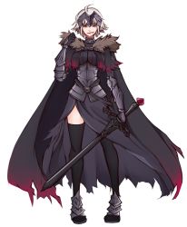 Rule 34 | 1girl, ahoge, black cape, black dress, black thighhighs, boots, breasts, cape, commission, dress, elfboiii, fate/grand order, fate (series), full body, fur trim, gauntlets, gorget, grey hair, hand up, headpiece, highres, holding, holding sword, holding weapon, jeanne d&#039;arc (fate), jeanne d&#039;arc alter (avenger) (fate), jeanne d&#039;arc alter (avenger) (first ascension) (fate), jeanne d&#039;arc alter (fate), large breasts, looking at viewer, armored boots, parted lips, pigeon-toed, short hair, simple background, smile, smirk, solo, standing, sword, thighhighs, weapon, white background, yellow eyes