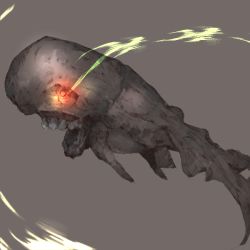 Rule 34 | 10s, abyssal ship, fins, flaming eyes, full body, glowing, glowing eyes, grey background, gurin33, i-class destroyer, kantai collection, motion blur, no humans, open mouth, solo, teeth