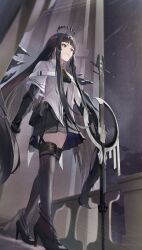 Rule 34 | 1girl, arknights, ascot, belt, belt pouch, black ascot, black belt, black eyes, black footwear, black garter straps, black gloves, black hair, black halo, black skirt, black thighhighs, black wings, blunt bangs, blurry, blurry background, blurry foreground, bow (music), breasts, broken halo, cello, chocomaru44, closed mouth, cloud, collared jacket, colored inner hair, commentary request, dark halo, depth of field, detached wings, dutch angle, energy wings, from below, from side, full body, garter straps, gloves, grey hair, halo, high heels, highres, hime cut, holding, holding bow (music), holding instrument, instrument, jacket, layered sleeves, legs, light smile, long hair, long sleeves, looking afar, looking ahead, miniskirt, multicolored hair, night, outdoors, pale skin, pleated skirt, pouch, railing, shooting star, short-sleeved jacket, short over long sleeves, short sleeves, skirt, sky, solo, standing, star (sky), starry sky, straight hair, strap, strappy heels, thighhighs, two-tone hair, very long hair, virtuosa (arknights), walking, white jacket, wide sleeves, wing collar, wings, zettai ryouiki