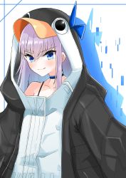Rule 34 | 1girl, animal hood, artist request, bad id, bad pixiv id, bare shoulders, bikini, black bikini, black jacket, blue bow, blue eyes, blush, bow, breasts, choker, closed mouth, collarbone, fate/grand order, fate (series), highres, hood, hood up, jacket, licking lips, long hair, long sleeves, looking at viewer, meltryllis, meltryllis (fate), meltryllis (swimsuit lancer) (fate), meltryllis (swimsuit lancer) (first ascension) (fate), penguin hood, purple hair, small breasts, smile, swimsuit, tongue, tongue out, very long hair