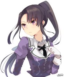 Rule 34 | 10s, 1girl, black hair, gloves, kantai collection, nachi (kancolle), necktie, ponytail, purple eyes, signature, solo, sts