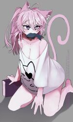 Rule 34 | 1girl, absurdres, ahoge, angry, animal ear fluff, animal ears, artist name, bell, black choker, book, breasts, cat ears, cat girl, cat tail, character print, choker, cleavage, commentary, des hatsumine, english commentary, fish, fish in mouth, highres, jingle bell, large breasts, long hair, looking at viewer, naked shirt, no pants, nyatasha nyanners, off-shoulder shirt, off shoulder, pink hair, ponytail, purple eyes, shirt, tail, virtual youtuber, vshojo, white shirt