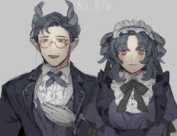 Rule 34 | 1boy, 1girl, black hair, blush, butler, creatures (company), game freak, gen 8 pokemon, glasses, gloves, grey background, grey eyes, hand up, horns, indeedee, indeedee (female), indeedee (male), long hair, long sleeves, maid, nintendo, parted bangs, personification, pointy ears, pokedex number, pokemon, puffy long sleeves, puffy sleeves, shioya (soooooolt), simple background, sketch, upper body, vest, white gloves